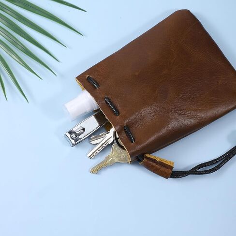 Leather Drawstring Coin Purse, Drawstring Cowhide Bag, Leather Drawstrings Pouch, Portable Retro Travel Phone Dice Storage Bag for Keys, Coins, Small Items Storage (Light Brown, 3.9 x 4.7 Inches） in Kuwait