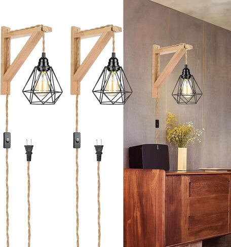 Frideko Wood Plug in Wall Sconces Set of Two, Hanging Lamps That Plug into Wall Outlet, Farmhouse Wall Light Fixtures with 8.21FT On/Off Switch Cord, Indoor Rustic Wall Lamp for Bedroom Living Room in Kuwait