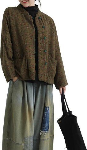 LZJN Women's Vintage Quilting Jacket Linen Cotton Chinese Frog Button Short Coat Loose Fall Winter Top in Saudi Arabia