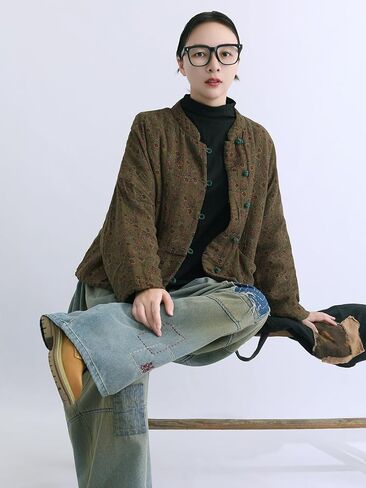 LZJN Women's Vintage Quilting Jacket Linen Cotton Chinese Frog Button Short Coat Loose Fall Winter Top in Saudi Arabia