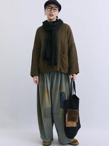 LZJN Women's Vintage Quilting Jacket Linen Cotton Chinese Frog Button Short Coat Loose Fall Winter Top in Saudi Arabia