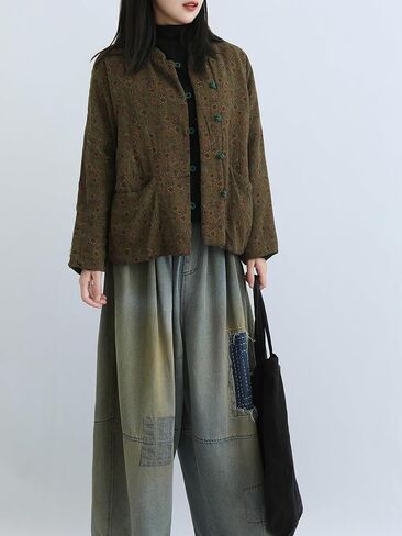 LZJN Women's Vintage Quilting Jacket Linen Cotton Chinese Frog Button Short Coat Loose Fall Winter Top in Saudi Arabia