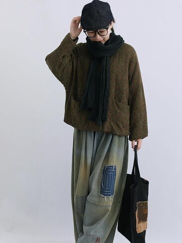 LZJN Women's Vintage Quilting Jacket Linen Cotton Chinese Frog Button Short Coat Loose Fall Winter Top in Saudi Arabia