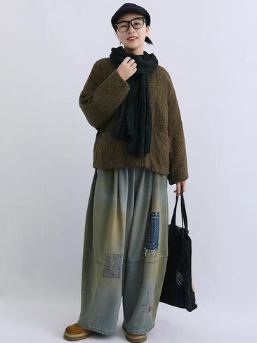 LZJN Women's Vintage Quilting Jacket Linen Cotton Chinese Frog Button Short Coat Loose Fall Winter Top in Saudi Arabia