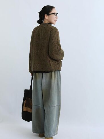 LZJN Women's Vintage Quilting Jacket Linen Cotton Chinese Frog Button Short Coat Loose Fall Winter Top in Saudi Arabia