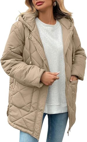 HOTIAN Womens Quilted Puffer Jackets Hooded Long Sleeve Full Zipper Casual Winter Lightweight Diamond Coats with Pockets in Saudi Arabia