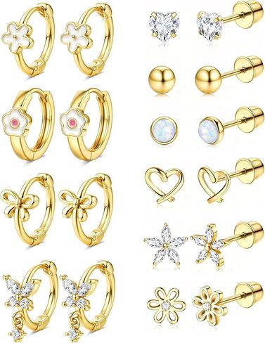 Hypoallergenic Screw Back Earrings for Girls Women - Surgical Steel 14K Gold Silver Plated Cute Toddler Little Girl Kids Earrings for Sensitive Ears Heart CZ Flower Stud Hoop Earring Sets 10 Pairs in Saudi Arabia