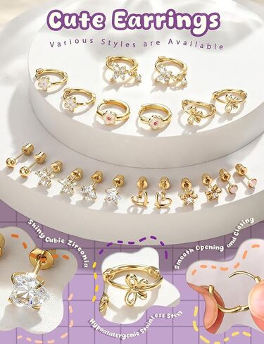 Hypoallergenic Screw Back Earrings for Girls Women - Surgical Steel 14K Gold Silver Plated Cute Toddler Little Girl Kids Earrings for Sensitive Ears Heart CZ Flower Stud Hoop Earring Sets 10 Pairs in Saudi Arabia