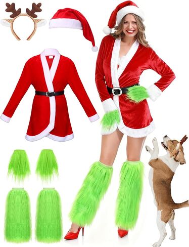 Shihanee 5 Pcs Christmas Green Big Monster Santa Costume for Women Deluxe Furry Adult Santa Suit Xmas Holiday Outfit Include Christmas Costume Green Fuzzy Faux Fur Hand Gloves, Leg Warmers in Saudi Arabia