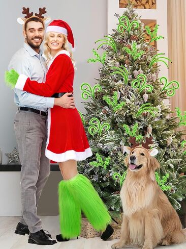 Shihanee 5 Pcs Christmas Green Big Monster Santa Costume for Women Deluxe Furry Adult Santa Suit Xmas Holiday Outfit Include Christmas Costume Green Fuzzy Faux Fur Hand Gloves, Leg Warmers in Saudi Arabia