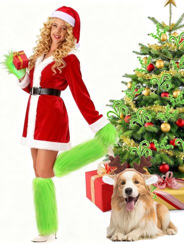 Shihanee 5 Pcs Christmas Green Big Monster Santa Costume for Women Deluxe Furry Adult Santa Suit Xmas Holiday Outfit Include Christmas Costume Green Fuzzy Faux Fur Hand Gloves, Leg Warmers in Saudi Arabia