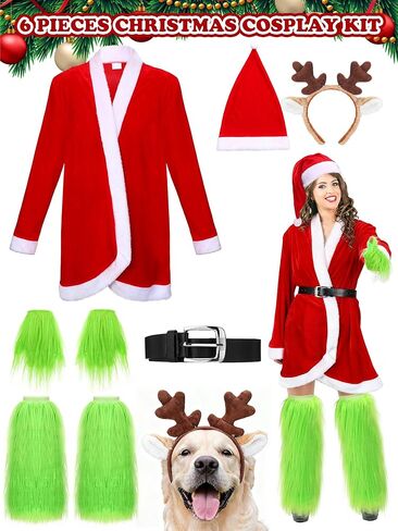 Shihanee 5 Pcs Christmas Green Big Monster Santa Costume for Women Deluxe Furry Adult Santa Suit Xmas Holiday Outfit Include Christmas Costume Green Fuzzy Faux Fur Hand Gloves, Leg Warmers in Saudi Arabia