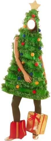 IMISSILLEB Women Christmas Tree Costume Sleeveless Hooded Dress with Colorful Ball Green Tinsel Adults Holiday Cosplay Outfit in Saudi Arabia