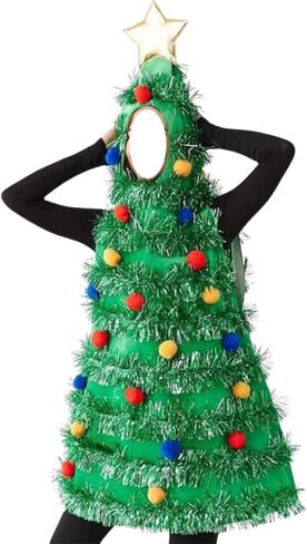 IMISSILLEB Women Christmas Tree Costume Sleeveless Hooded Dress with Colorful Ball Green Tinsel Adults Holiday Cosplay Outfit in Saudi Arabia