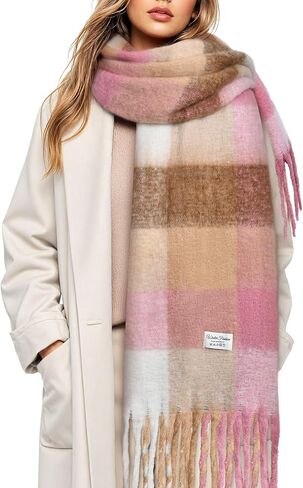 Clothirily Womens Mohair Winter Scarf, Warm Scarfs for Women, Cashmere Feel Women Plaid Scarves, Winter Pashmina Shawls Wraps in Kuwait