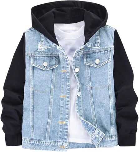 MakeMeChic Boy's Color Block Denim Jacket Hooded Long Sleeve Button Down Coat Outerwear in Saudi Arabia