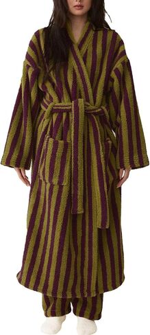 Arssm Womens Striped Fluffy Robe Long Plush Bathrobes Fuzzy Warm Cozy Thick Oversized Loungewear Maxi Robe in Saudi Arabia