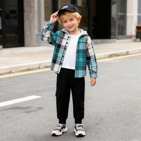 Toddler Boys Clothes 2 Piece Sweatsuit Set Flannel Plaid Shirt Hooded and Pants for Fall Winter 2-6Years in Saudi Arabia