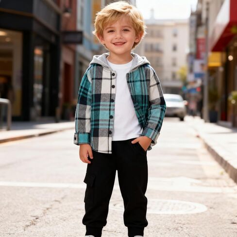 Toddler Boys Clothes 2 Piece Sweatsuit Set Flannel Plaid Shirt Hooded and Pants for Fall Winter 2-6Years in Saudi Arabia