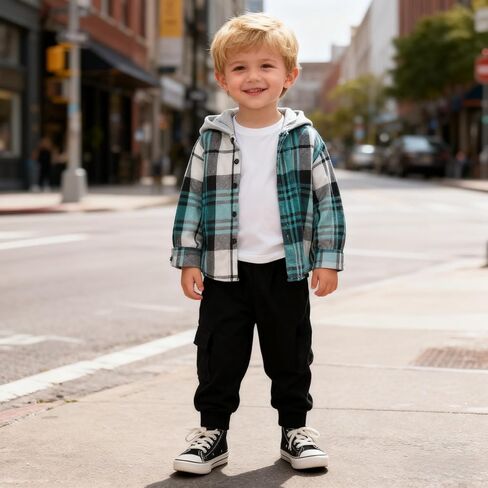 Toddler Boys Clothes 2 Piece Sweatsuit Set Flannel Plaid Shirt Hooded and Pants for Fall Winter 2-6Years in Saudi Arabia