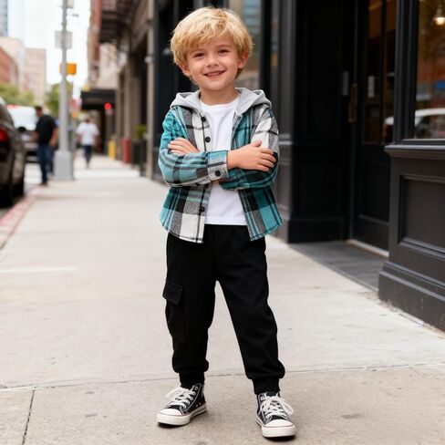 Toddler Boys Clothes 2 Piece Sweatsuit Set Flannel Plaid Shirt Hooded and Pants for Fall Winter 2-6Years in Saudi Arabia