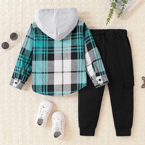Toddler Boys Clothes 2 Piece Sweatsuit Set Flannel Plaid Shirt Hooded and Pants for Fall Winter 2-6Years in Saudi Arabia