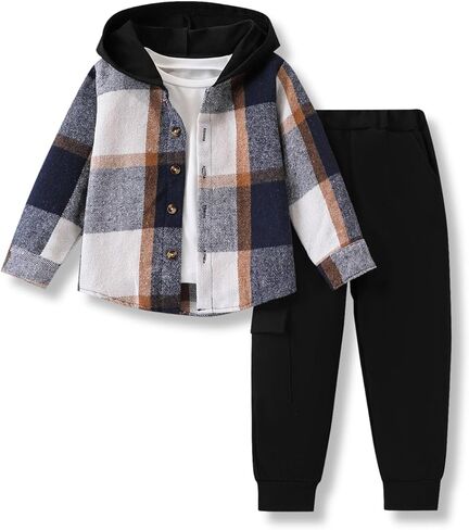 Toddler Boys Clothes 2 Piece Sweatsuit Set Flannel Plaid Shirt Hooded and Pants for Fall Winter 2-6Years in Saudi Arabia