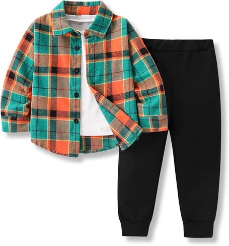 Toddler Boys Clothes 2 Piece Sweatsuit Set Flannel Plaid Shirt Hooded and Pants for Fall Winter 2-6Years in Saudi Arabia