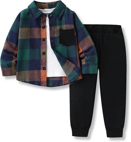 Toddler Boys Clothes 2 Piece Sweatsuit Set Flannel Plaid Shirt Hooded and Pants for Fall Winter 2-6Years in Saudi Arabia