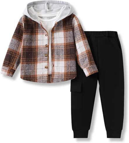 Toddler Boys Clothes 2 Piece Sweatsuit Set Flannel Plaid Shirt Hooded and Pants for Fall Winter 2-6Years in Saudi Arabia