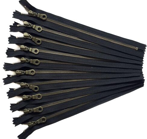 10 Inch Black YKK Gold Metal Zippers with Donut Pulls Number 5 Set of 12 Pieces by Craftbot in Kuwait