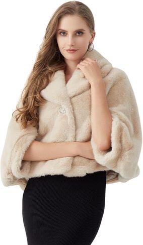 GRAN ORIENTE Women'S Short Faux Fur Coat Shawl Style,Warm Loosely Fitted Evening Wedding Casual Outwear Crop Cape in Saudi Arabia