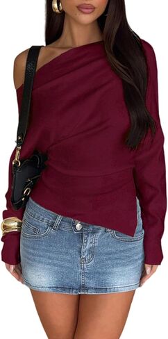 Womens Sexy Off Shoulder Blouses Long Sleeve Shirts Asymmetrical Side Split Ruched Y2k Going Out Tops in Saudi Arabia
