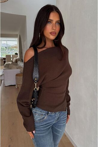 Womens Sexy Off Shoulder Blouses Long Sleeve Shirts Asymmetrical Side Split Ruched Y2k Going Out Tops in Saudi Arabia