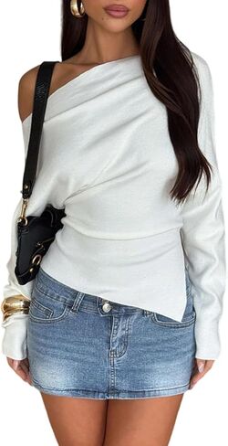 Womens Sexy Off Shoulder Blouses Long Sleeve Shirts Asymmetrical Side Split Ruched Y2k Going Out Tops in Saudi Arabia