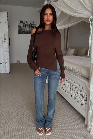 Womens Sexy Off Shoulder Blouses Long Sleeve Shirts Asymmetrical Side Split Ruched Y2k Going Out Tops in Saudi Arabia