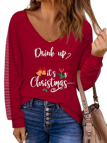 Women's Ugly Christmas Sweater Raglan Printed Shirt V Neck Striped Mesh Long Sleeve Top S-XXL in Saudi Arabia