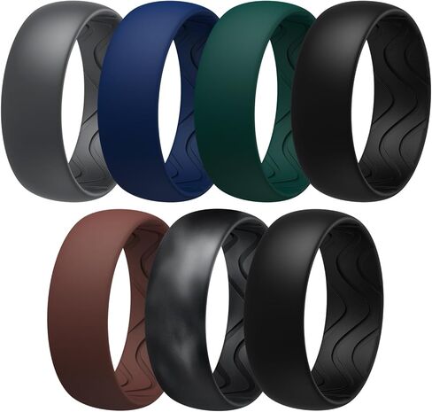 Egnaro Men's Silicone Rings 8mm Wide 2.5mm Thick, Black Elastic Rubber Weeding Bands Breathable Grooves For Gym Workout in Saudi Arabia