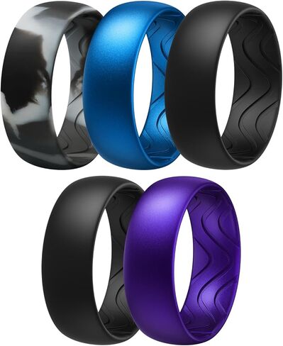 Egnaro Men's Silicone Rings 8mm Wide 2.5mm Thick, Black Elastic Rubber Weeding Bands Breathable Grooves For Gym Workout in Saudi Arabia