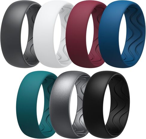 Egnaro Men's Silicone Rings 8mm Wide 2.5mm Thick, Black Elastic Rubber Weeding Bands Breathable Grooves For Gym Workout in Saudi Arabia