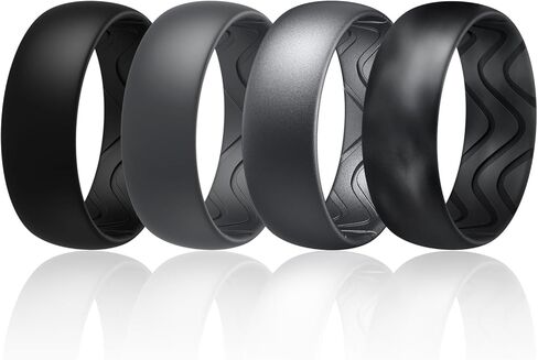 Egnaro Men's Silicone Rings 8mm Wide 2.5mm Thick, Black Elastic Rubber Weeding Bands Breathable Grooves For Gym Workout in Saudi Arabia