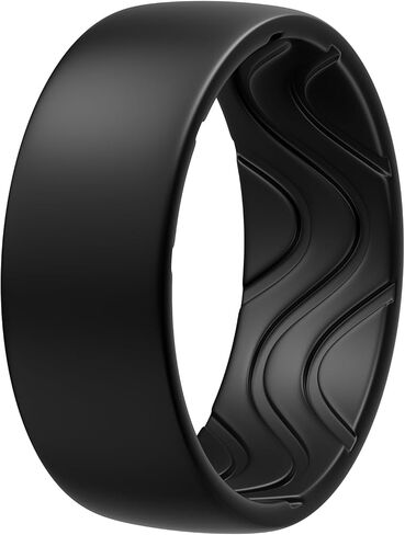 Egnaro Men's Silicone Rings 8mm Wide 2.5mm Thick, Black Elastic Rubber Weeding Bands Breathable Grooves For Gym Workout in Saudi Arabia