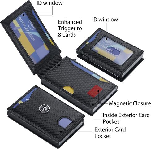 Royal Bagger Minimalist Pop Up Metal Credit Card Case Holder for Men, RFID Blocking Slim Wallet with Magnetic Closure, Lightweight Travel Purse, Carbon Fiber 3246 (Black) in Saudi Arabia