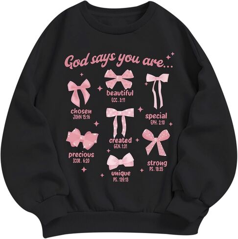KEEVICI Cute Girls Bow Graphic Sweatshirt Christian Hoodies For Kids God Kawaii Hoodie Letter Pullover Long Sleeve Shirts Top(Black,140) in Saudi Arabia