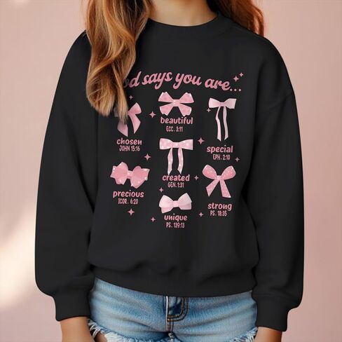 KEEVICI Cute Girls Bow Graphic Sweatshirt Christian Hoodies For Kids God Kawaii Hoodie Letter Pullover Long Sleeve Shirts Top(Black,140) in Saudi Arabia