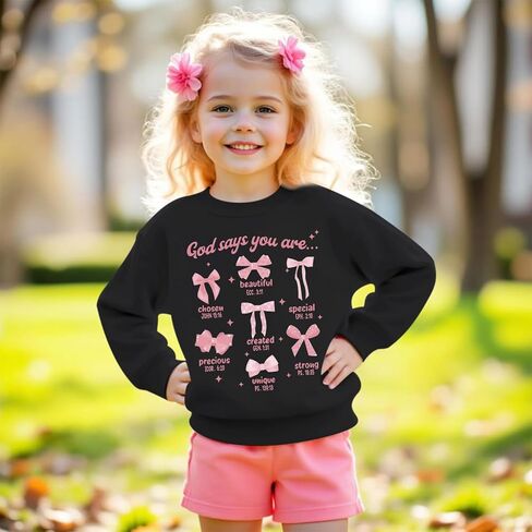 KEEVICI Cute Girls Bow Graphic Sweatshirt Christian Hoodies For Kids God Kawaii Hoodie Letter Pullover Long Sleeve Shirts Top(Black,140) in Saudi Arabia