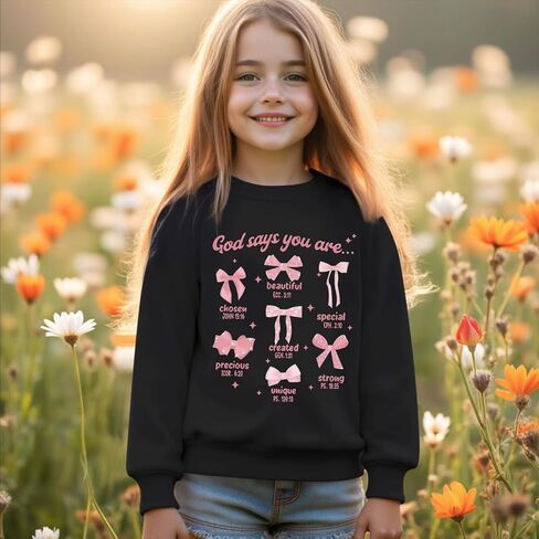 KEEVICI Cute Girls Bow Graphic Sweatshirt Christian Hoodies For Kids God Kawaii Hoodie Letter Pullover Long Sleeve Shirts Top(Black,140) in Saudi Arabia