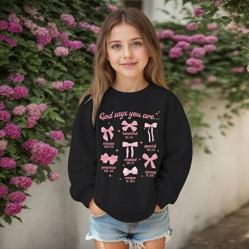KEEVICI Cute Girls Bow Graphic Sweatshirt Christian Hoodies For Kids God Kawaii Hoodie Letter Pullover Long Sleeve Shirts Top(Black,140) in Saudi Arabia