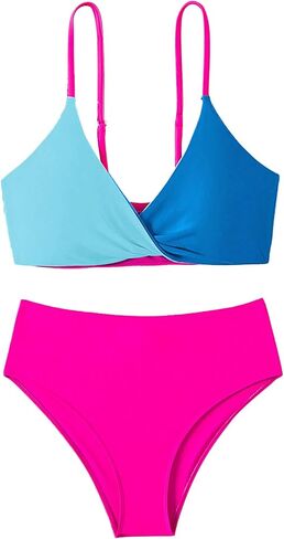 Girl's 2 Piece Color Block Swimsuit Twist Front Spaghetti Strap High Waist Bikini Sets in Saudi Arabia
