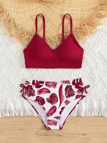 Girl's Two Piece Swimsuit Tropical Print Bowknot V Neck Bikini Sets Bathing Suits in Saudi Arabia
